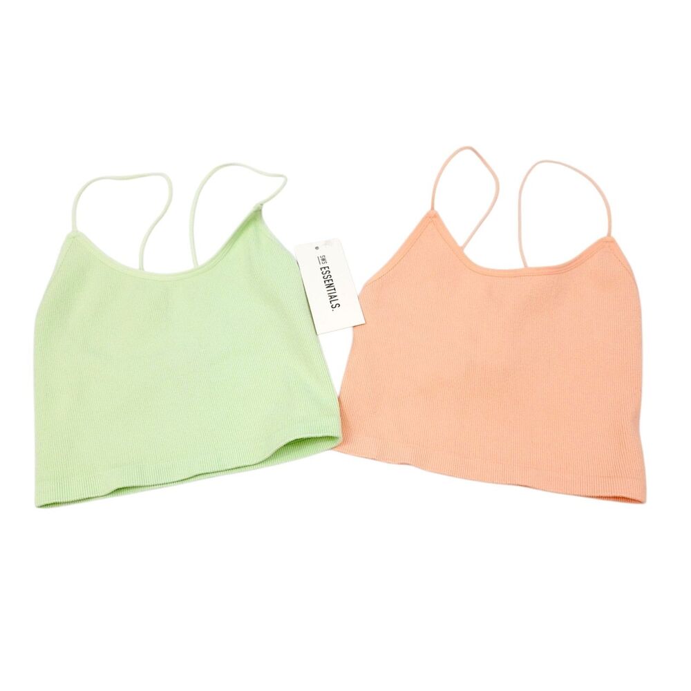 NEW 2 PC SWS Essentials Ribbed Knit  Crop Tank Top in Peach and Lime Green Small